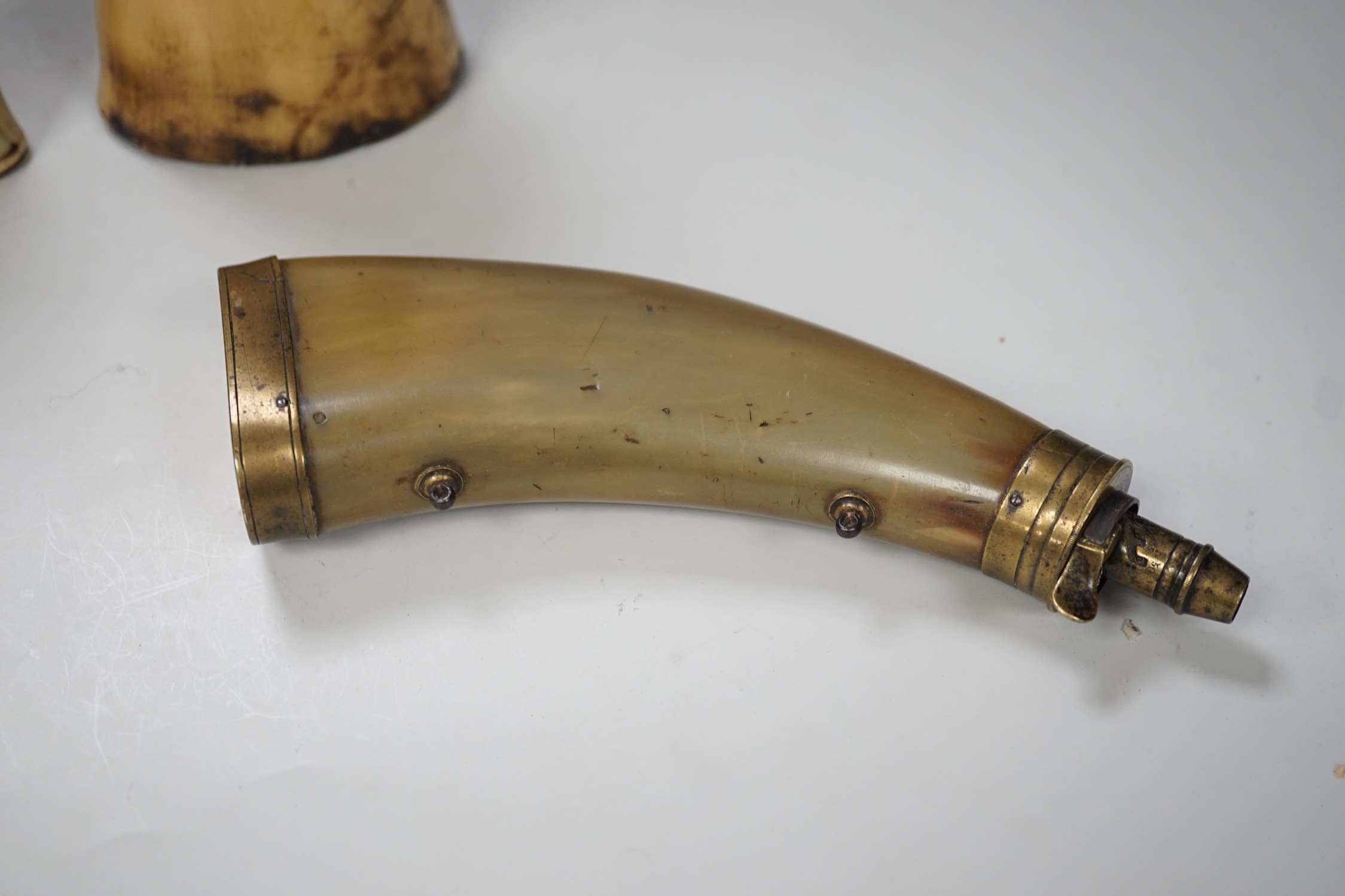 Three various 19th century horn flasks/beakers. Largest 25cm wide